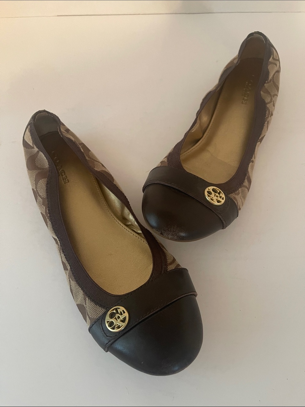 Coach Brown Signature Canvas Leather Cap-Toe Ballet Flats with Gold Logo